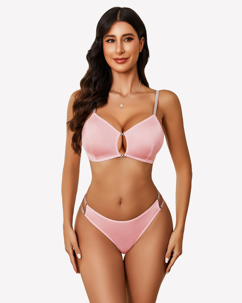 Pink cut-out bra and panty set with confidence-boosting design for women