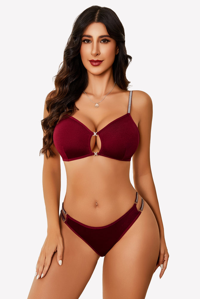 Burgundy cut-out bra and panty set with rhinestone straps for women, confidence booster lingerie