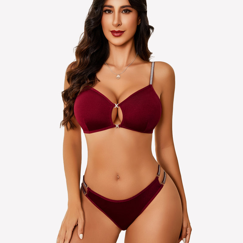 Burgundy cut-out bra and panty set with rhinestone straps for women, confidence booster lingerie
