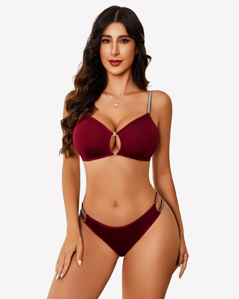 Burgundy cut-out bra and panty set with rhinestone straps for women, confidence booster lingerie