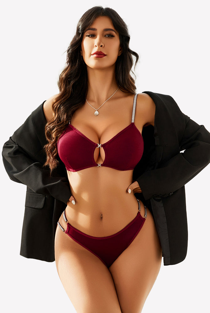 Burgundy cut-out bra and panty set, rhinestone straps. Confidence booster lingerie for women.