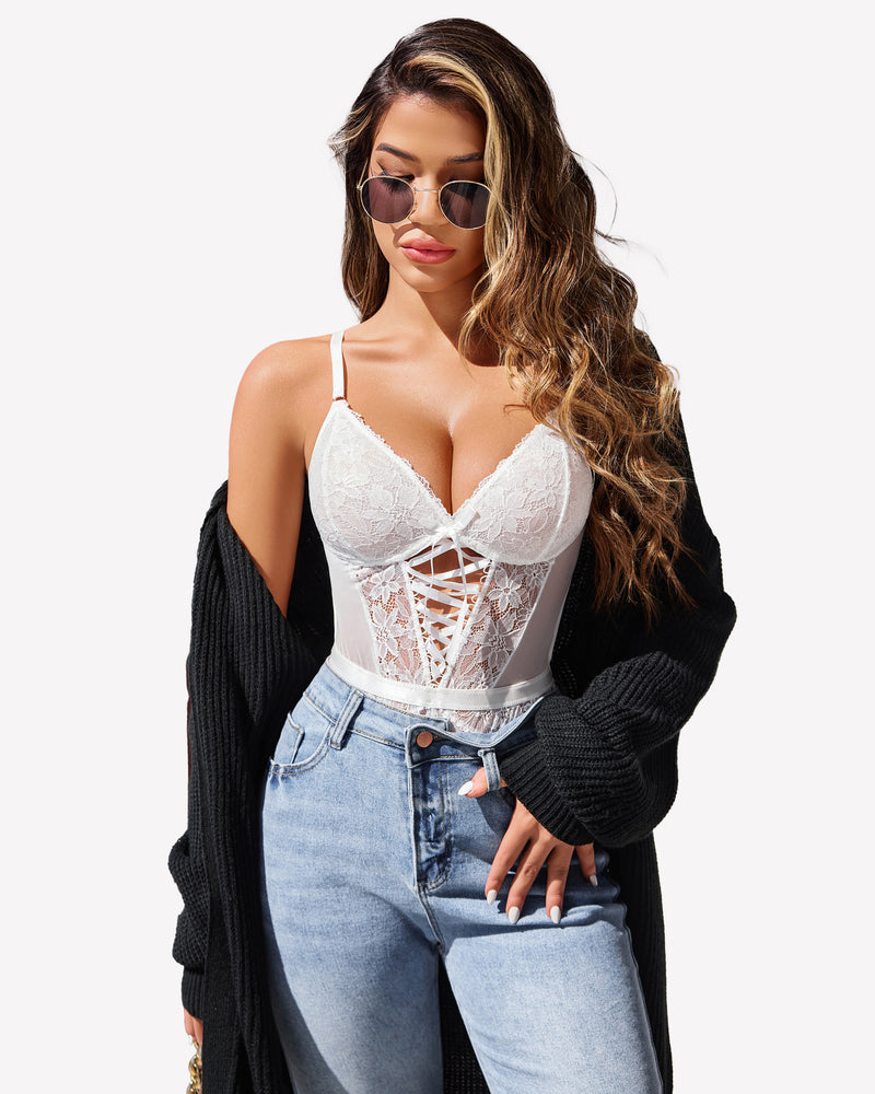 White lace mesh teddy lingerie bodysuit with floral design, paired with jeans, sexy lingerie