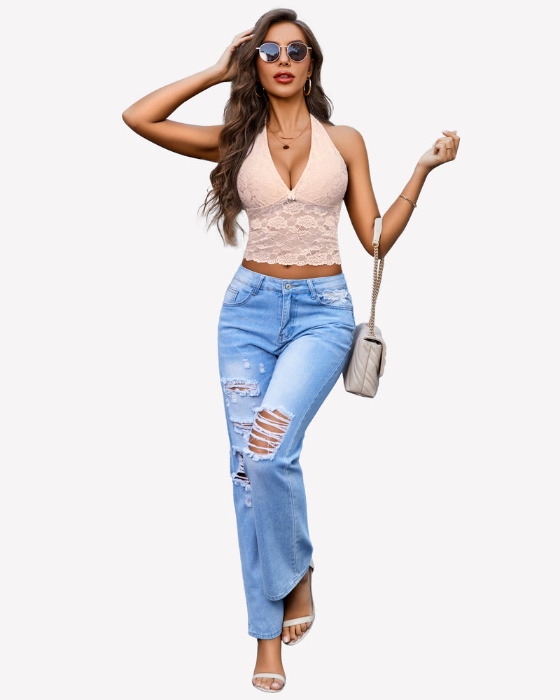 Peach lace V-neck halter top tank top with ripped jeans, perfect for a confident and charming look.