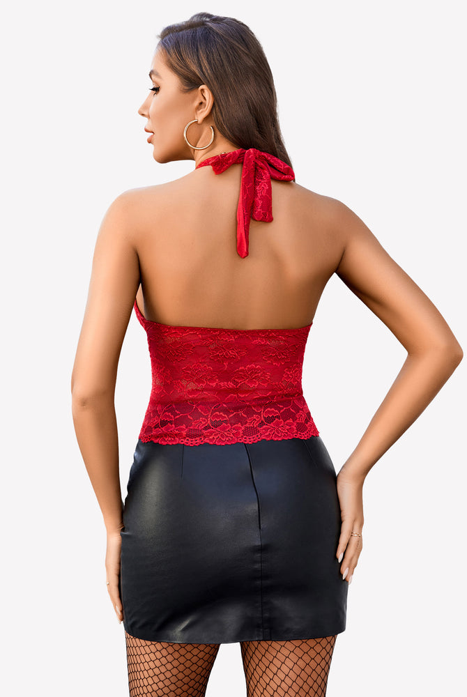 Red lace V-neck halter top tank top with black leather skirt, confident and charming look
