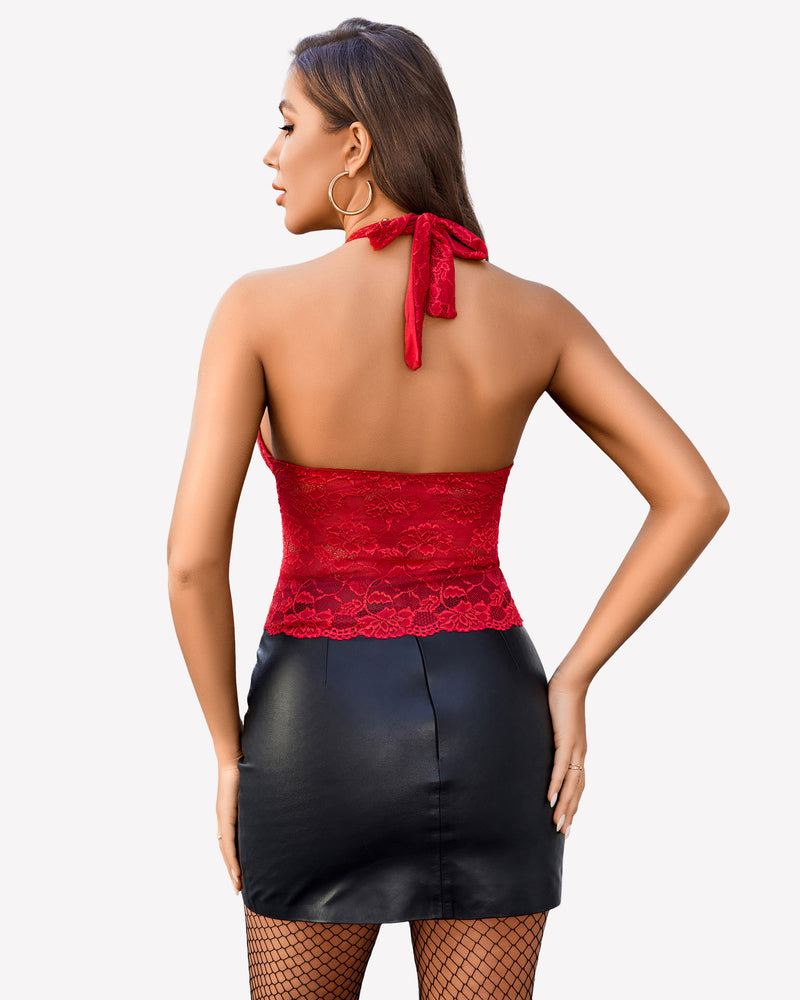 Red lace V-neck halter top tank top with black leather skirt, confident and charming look