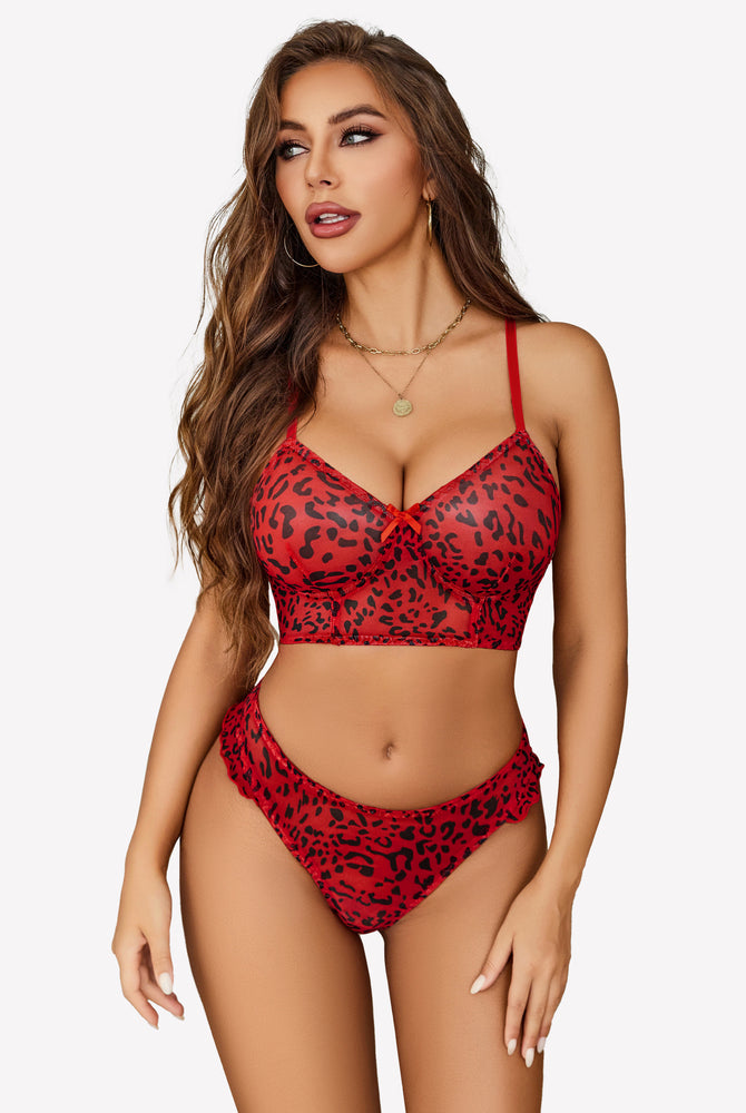 Red leopard print mesh bralette and panty set with adjustable straps and high-cut design