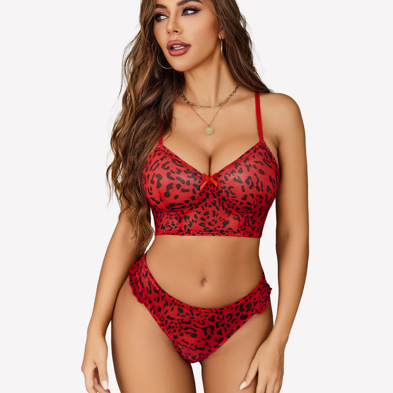 Red leopard print mesh bralette and panty set with adjustable straps and high-cut design