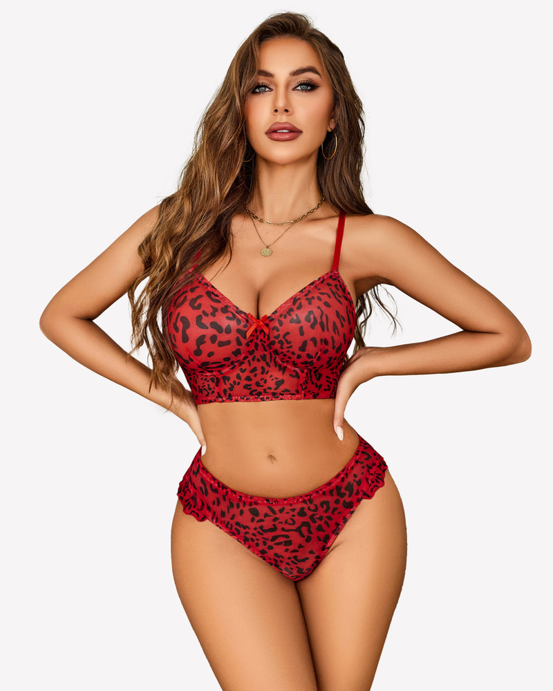 Red leopard print mesh bralette and panty set, perfect for romantic nights.