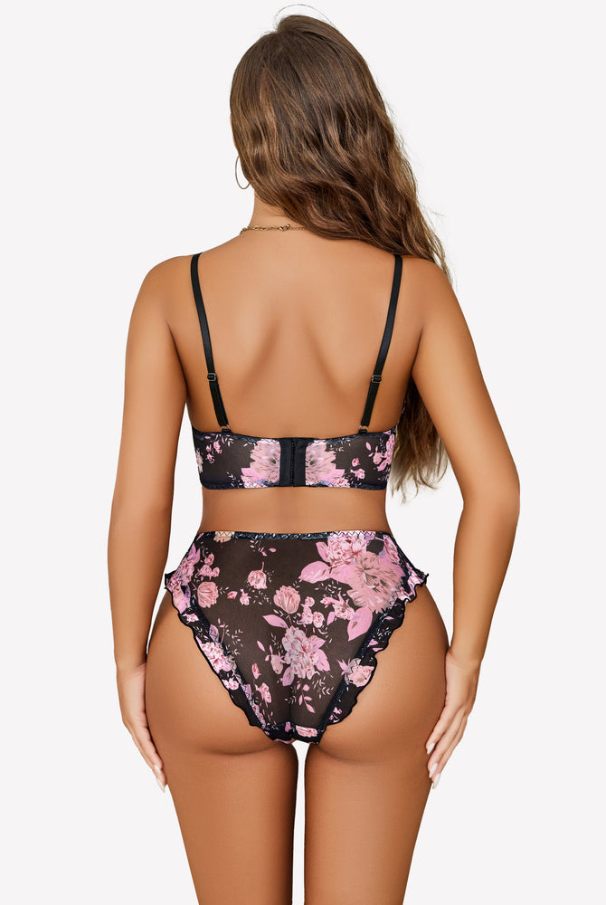 Black mesh floral lingerie set with adjustable straps and high-cut design.