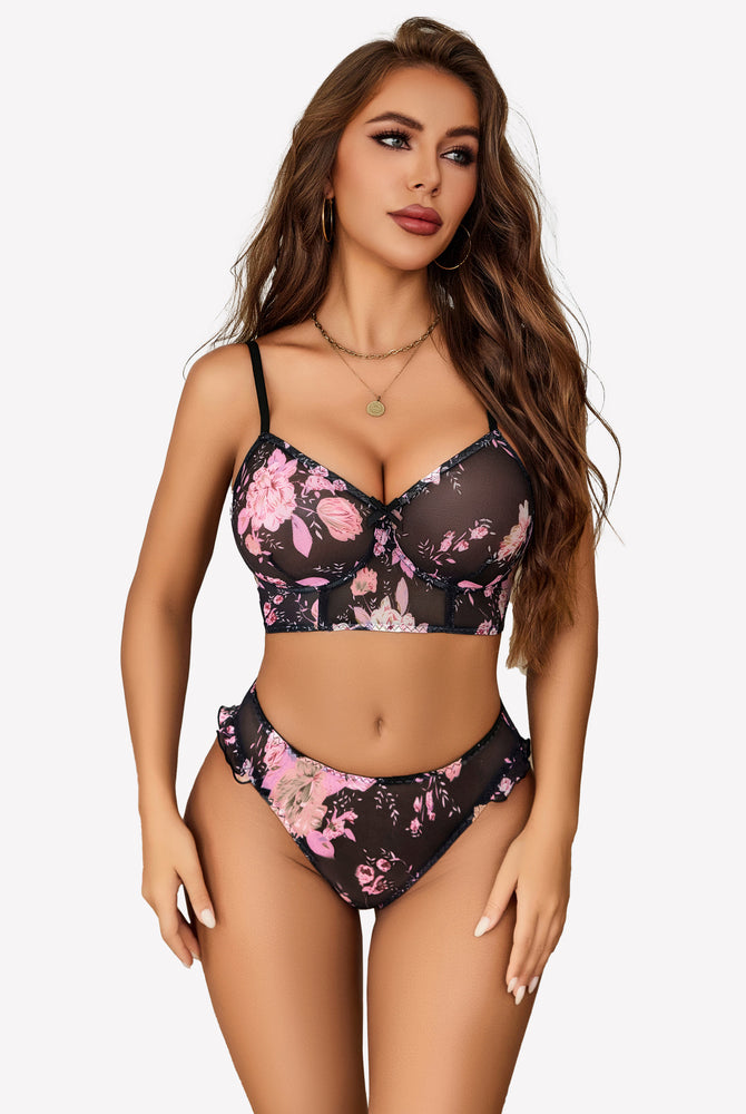 Black mesh floral lingerie set with adjustable straps and high-cut design