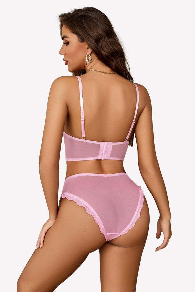 Pink mesh bralette and panty set with adjustable straps and high-cut design for romantic nights