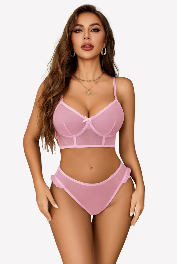 Pink mesh lingerie set with adjustable straps and high-cut design for romantic nights.