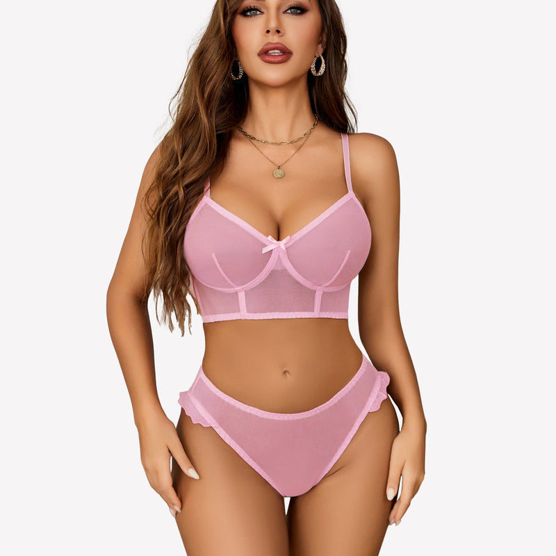 Pink mesh lingerie set with adjustable straps and high-cut design for romantic nights.