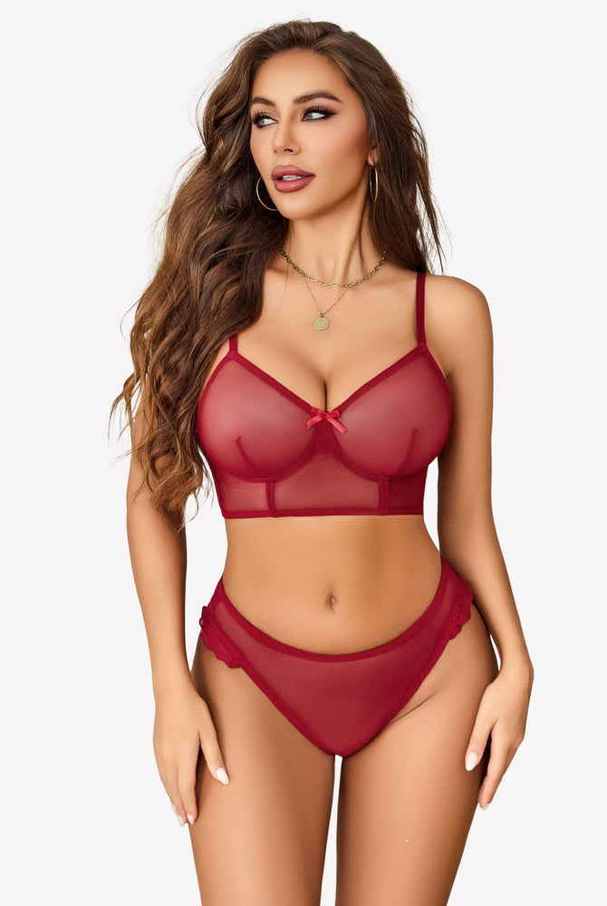 Red mesh bralette and panty set with adjustable straps and high-cut design for romantic nights