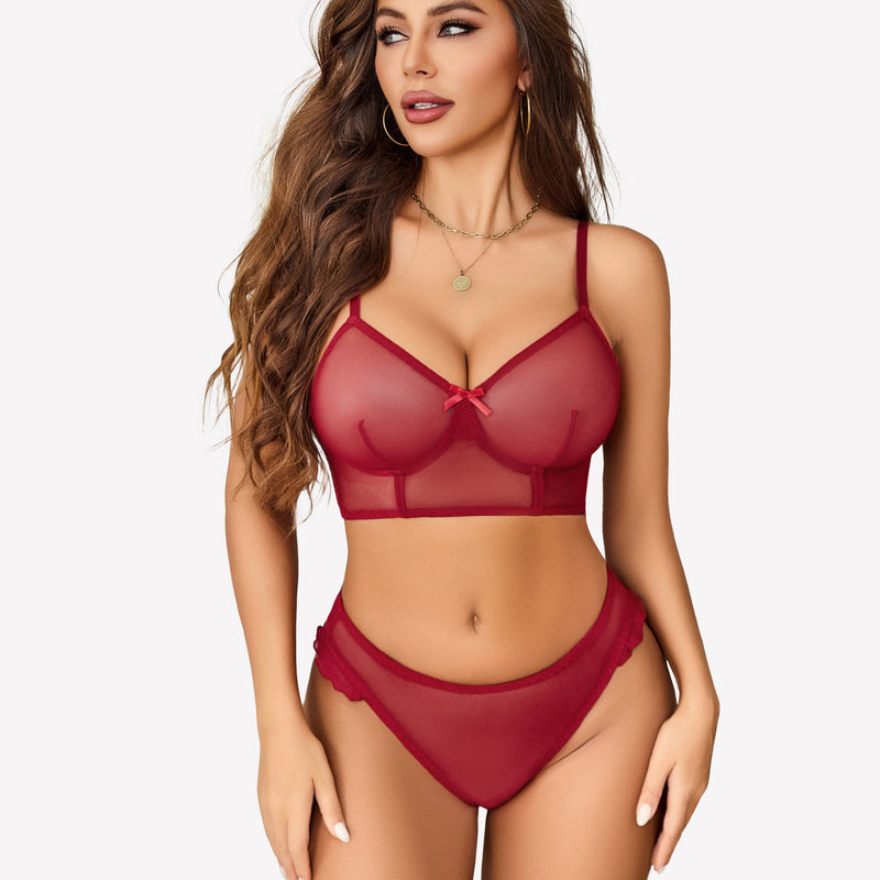 Red mesh bralette and panty set with adjustable straps and high-cut design for romantic nights