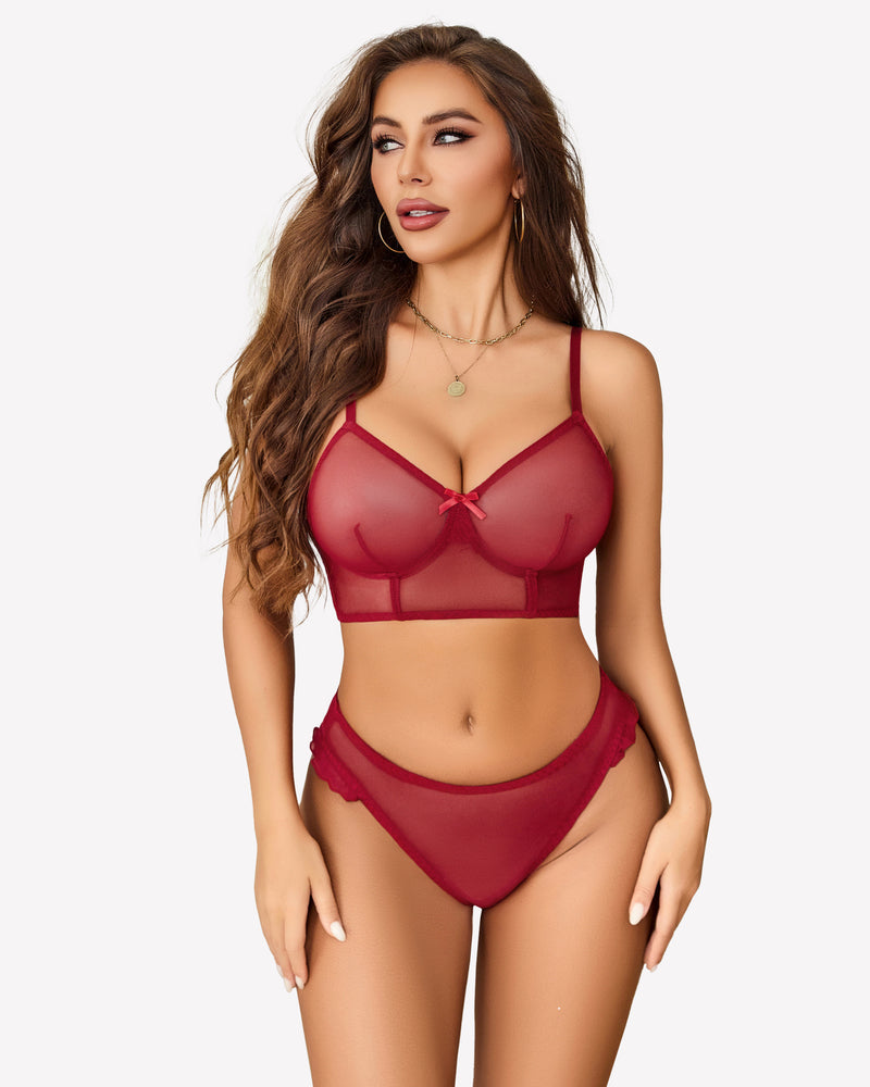 Red mesh bralette and panty set with adjustable straps and high-cut design for romantic nights
