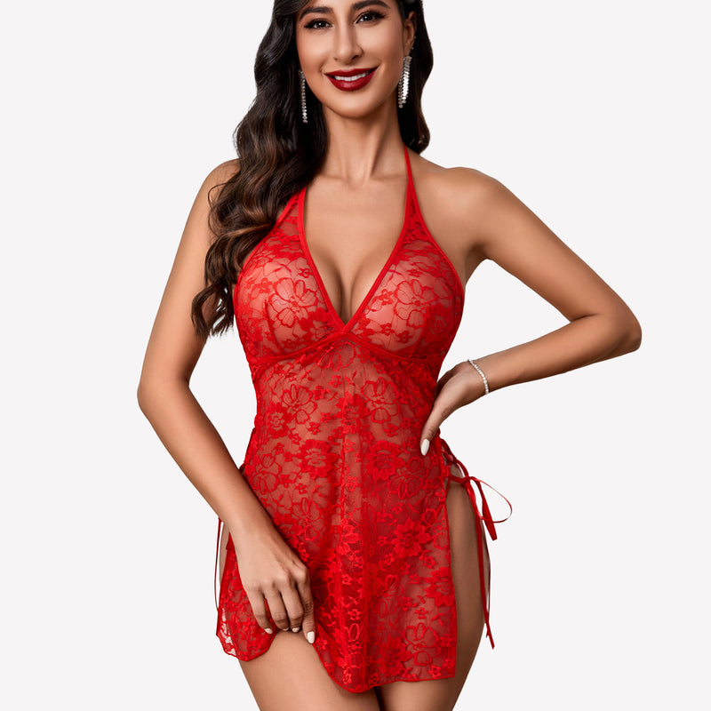Red lace boudoir outfit with halter neckline and side slit. Sexy lingerie for women.
