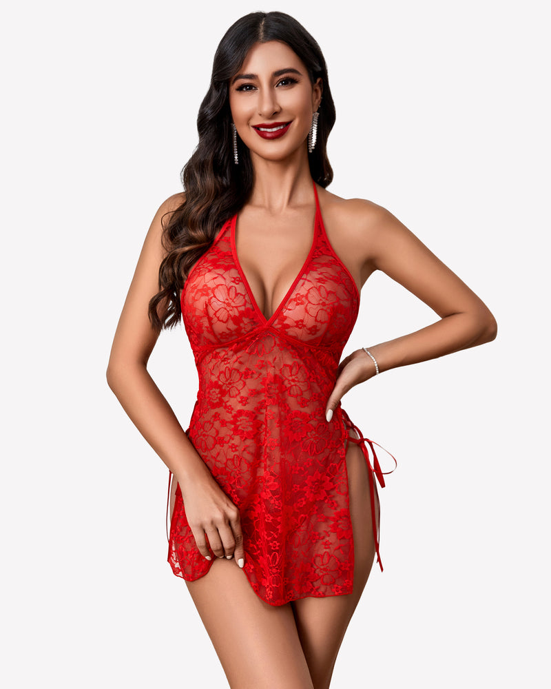 Red lace boudoir outfit with halter neckline and side slit. Sexy lingerie for women.