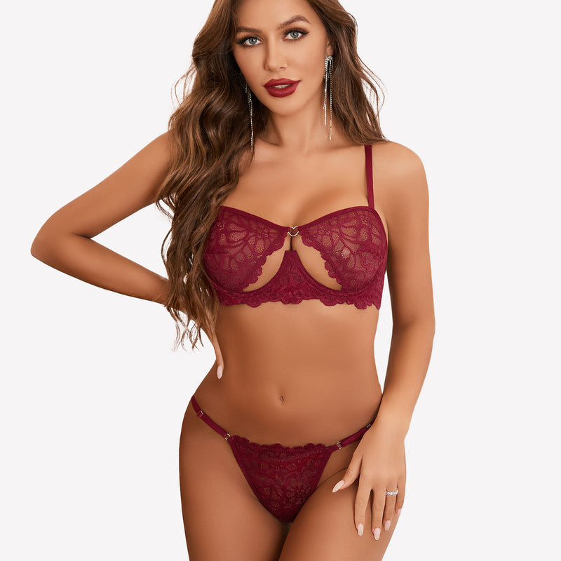 Avidlove burgundy lace push-up bra set with heart-shaped cups and thong, showing femininity
