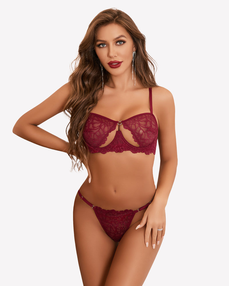 Avidlove burgundy lace push-up bra set with heart-shaped cups and thong, showing femininity