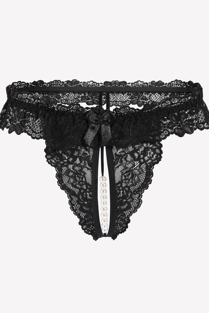 Black lace thong with pearls. Sexy lingerie with soft lace and comfortable design for women.