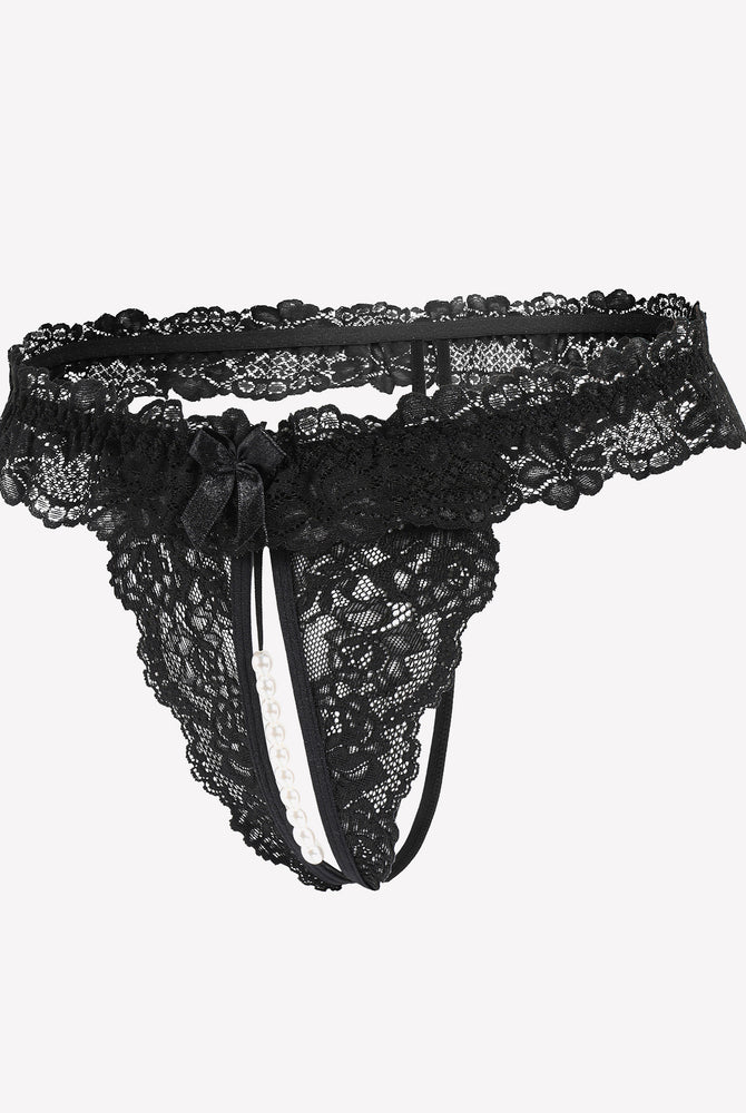 Black lace thong with pearl details. Sexy low waist lingerie with soft lace and comfortable design.