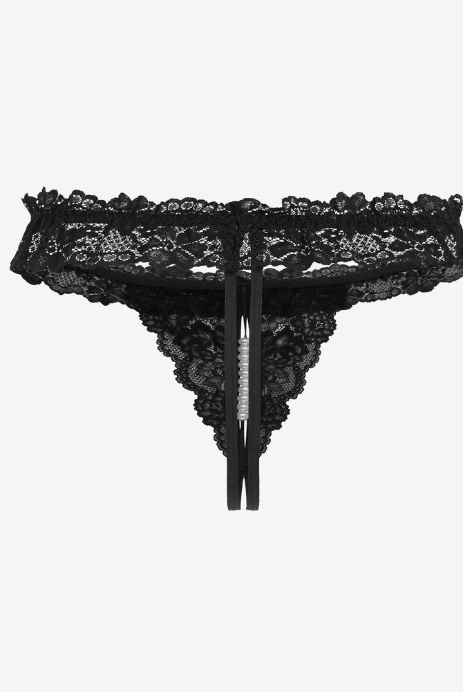 Black lace thong with pearl ball. Sexy low waist lingerie with soft lace and comfortable design.