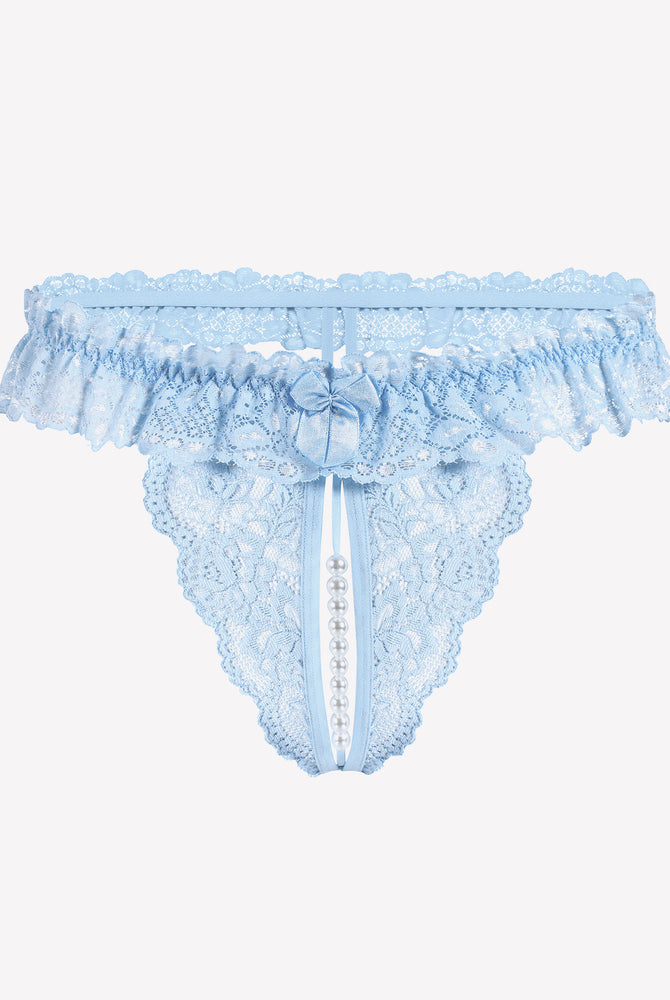 Light blue lace thong with pearl accents, low waist design, sensual lingerie, comfortable and sexy.