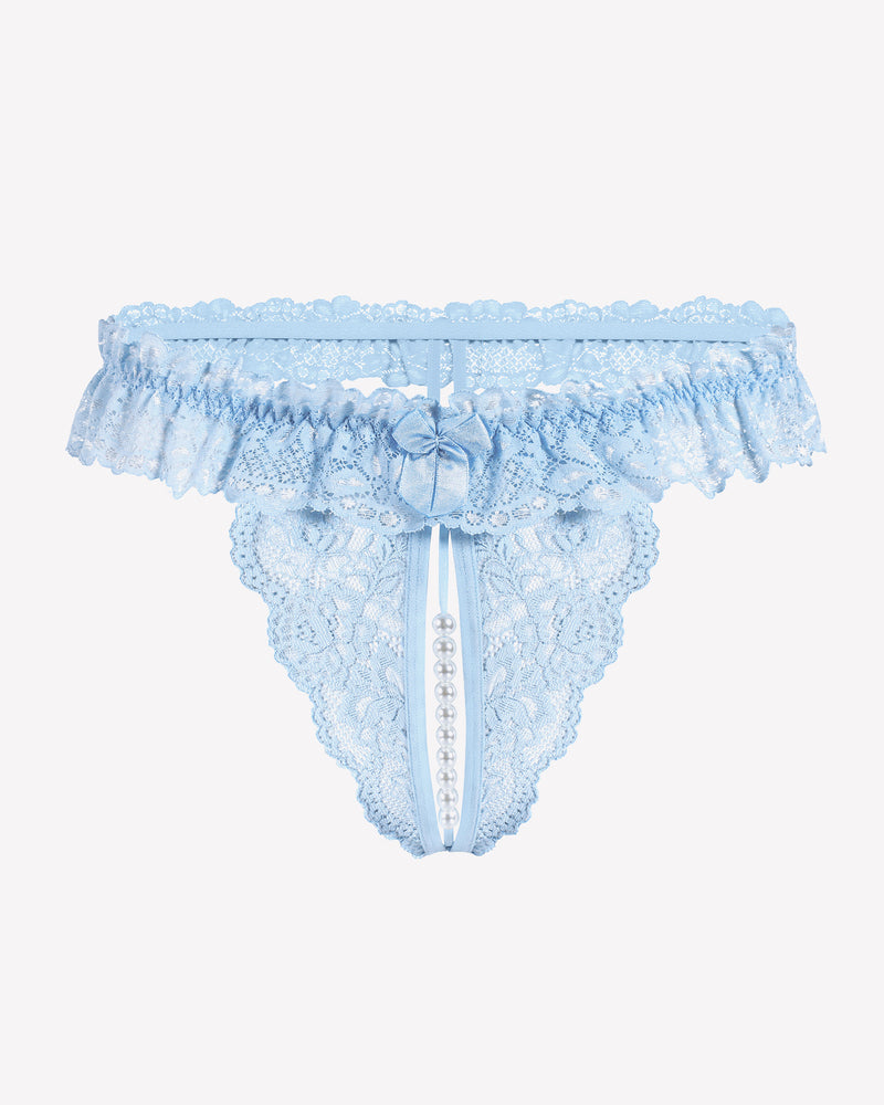 Light blue lace thong with pearl accents, low waist design, sensual lingerie, comfortable and sexy.