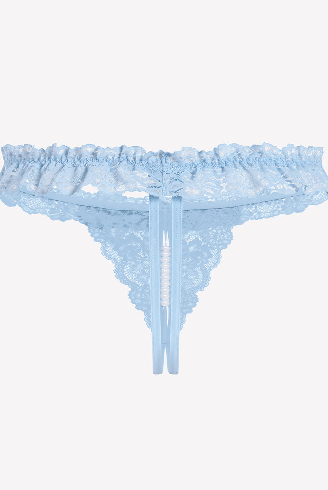 Blue lace thong with pearl ball. Sexy low waist lingerie with soft lace.