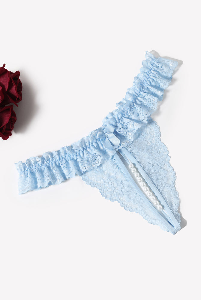 Light blue lace thong with pearl ball, featuring soft lace and comfortable design for women