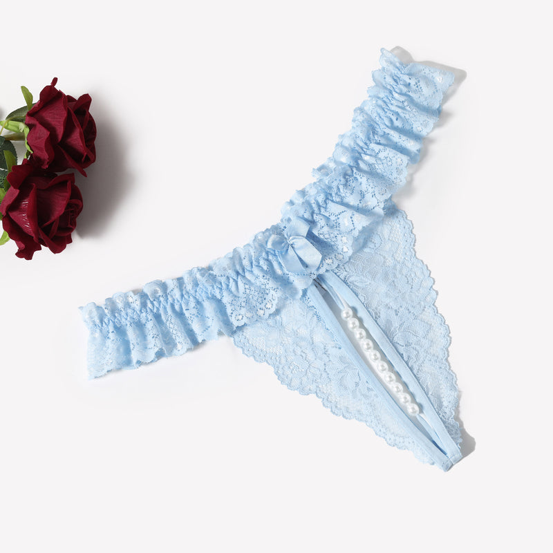 Light blue lace thong with pearl ball, featuring soft lace and comfortable design for women