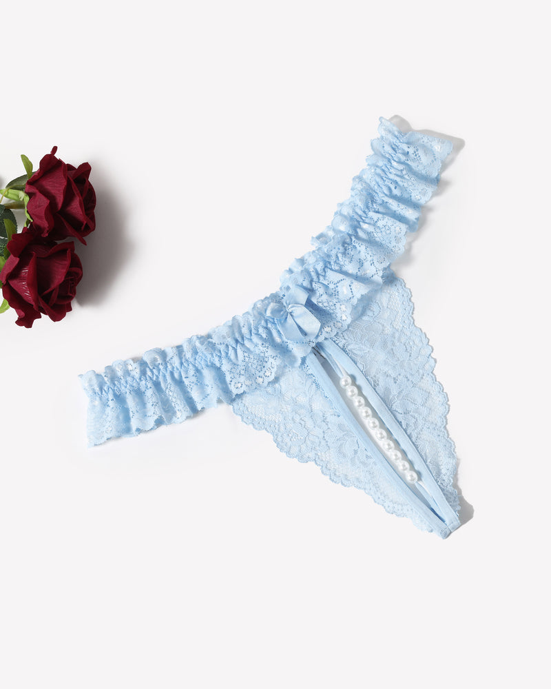 Light blue lace thong with pearl ball, featuring soft lace and comfortable design for women