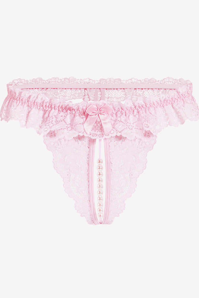 Pink lace thong with pearl accents, low waist design, sensual lingerie, comfortable and sexy.