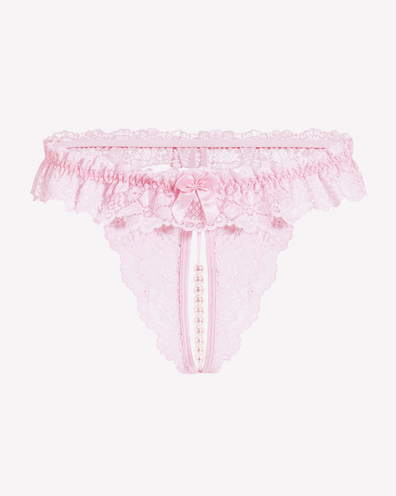 Pink lace thong with pearl accents, low waist design, sensual lingerie, comfortable and sexy.