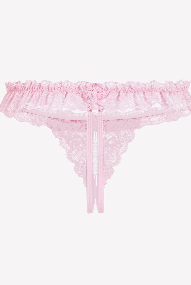 Pink lace thong with pearl ball, soft lace and comfortable design for women, low waist lingerie