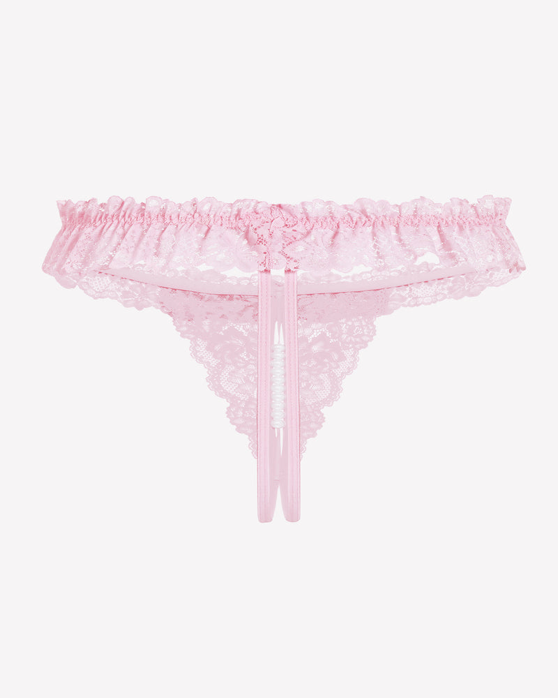 Pink lace thong with pearl ball, soft lace and comfortable design for women, low waist lingerie