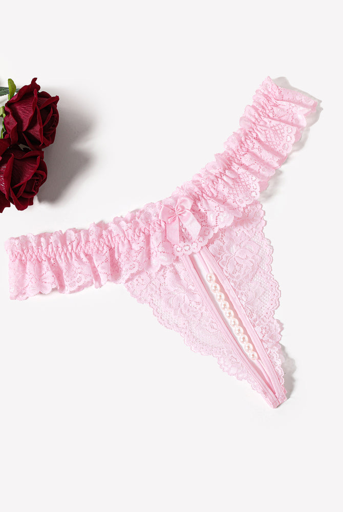 Pink lace thong with pearl ball, low waist lingerie with soft lace and comfortable design for women
