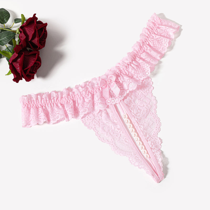 Pink lace thong with pearl ball, low waist lingerie with soft lace and comfortable design for women