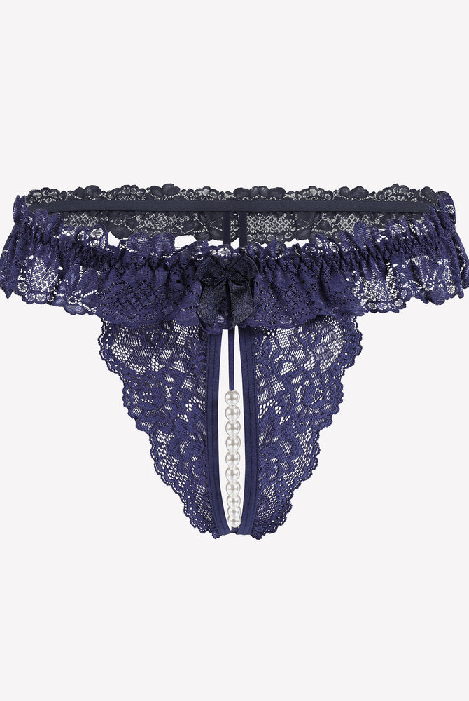 Navy blue lace thong with pearl accents, low waist design, sensual lingerie, comfortable and sexy.