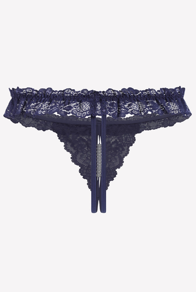 Navy blue lace thong with pearl ball, soft lace and comfortable low waist lingerie