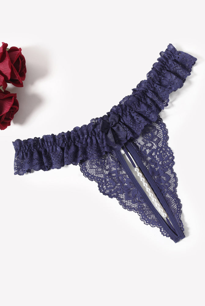 Navy blue lace thong with pearl ball, low waist lingerie with soft lace and comfortable design