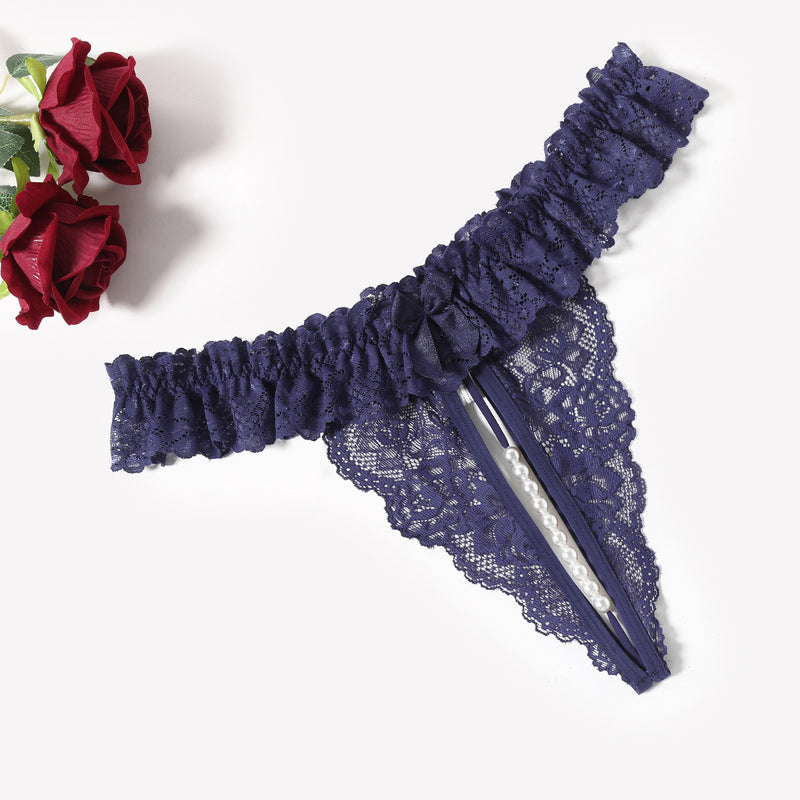 Navy blue lace thong with pearl ball, low waist lingerie with soft lace and comfortable design