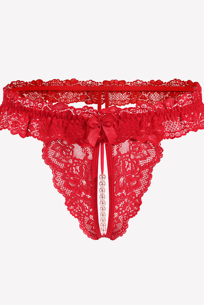 Red lace thong with pearl accents, low waist design, sensual lingerie, comfortable and sexy.