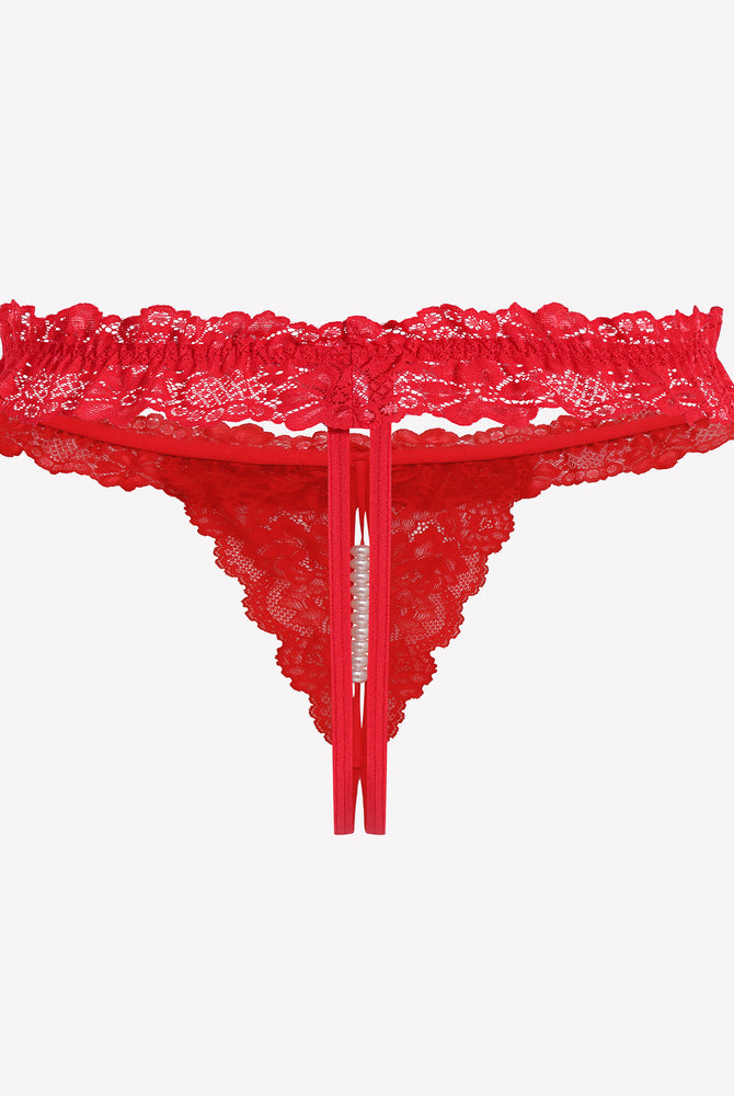Red lace thong with pearl ball, low waist lingerie with soft lace and comfortable design for women