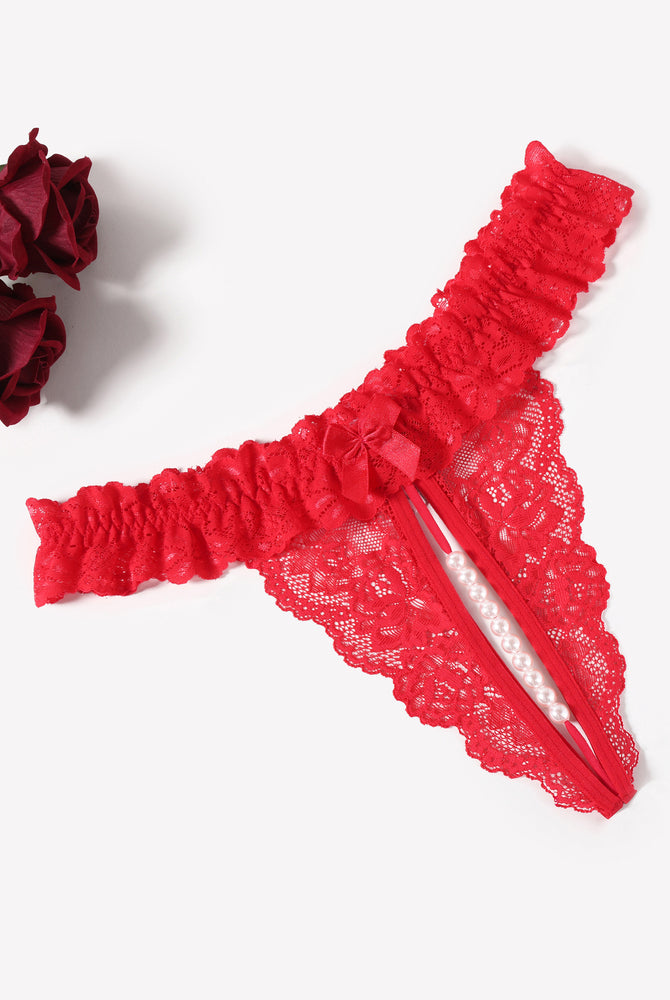Red lace thong with pearl ball, soft lace and comfortable low waist lingerie