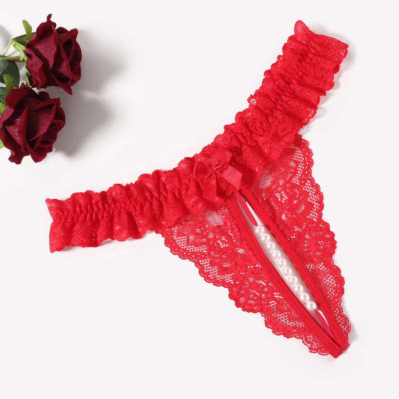 Red lace thong with pearl ball, soft lace and comfortable low waist lingerie