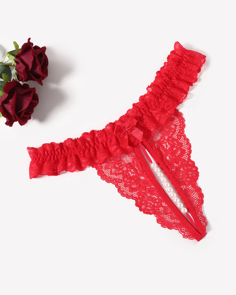Red lace thong with pearl ball, soft lace and comfortable low waist lingerie
