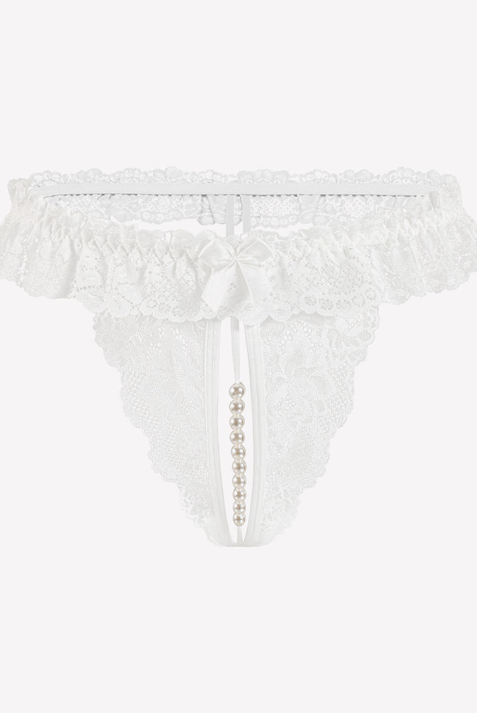 White lace thong with pearl accents, low waist design, sensual lingerie