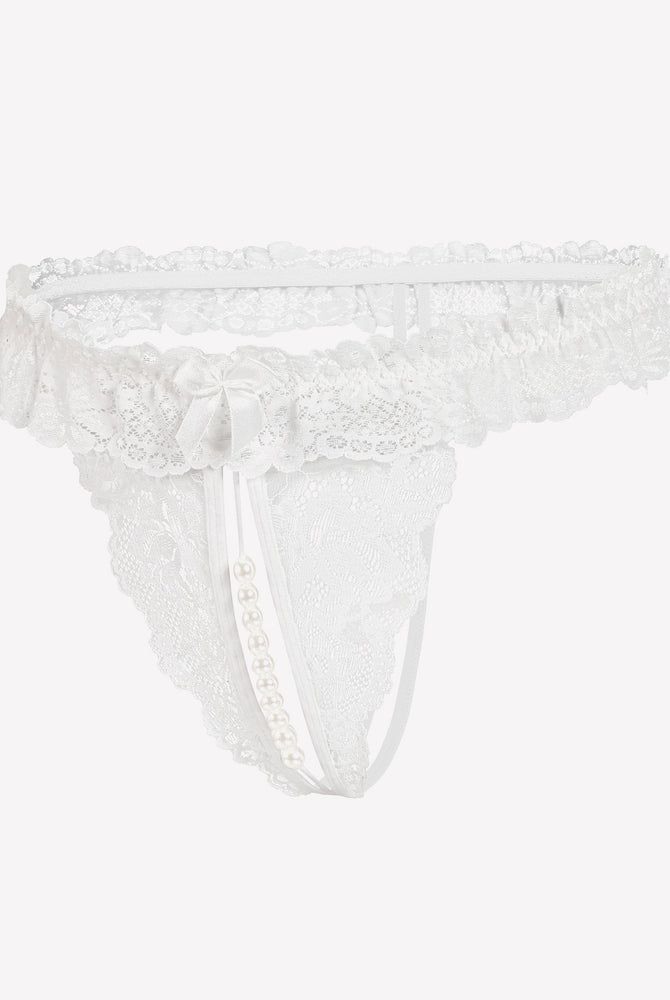 White lace thong with pearl accents, low waist design, sensual lingerie, comfortable and sexy.